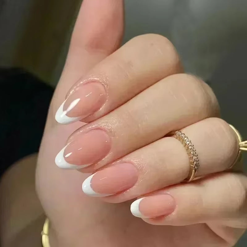 24Pcs Short Almond Press on Nails French Tips Press on Nails False Nails Simple Rose Full Cover Wearable Fake Nail Tips Art