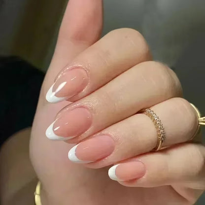 24Pcs Short Almond Press on Nails French Tips Press on Nails False Nails Simple Rose Full Cover Wearable Fake Nail Tips Art