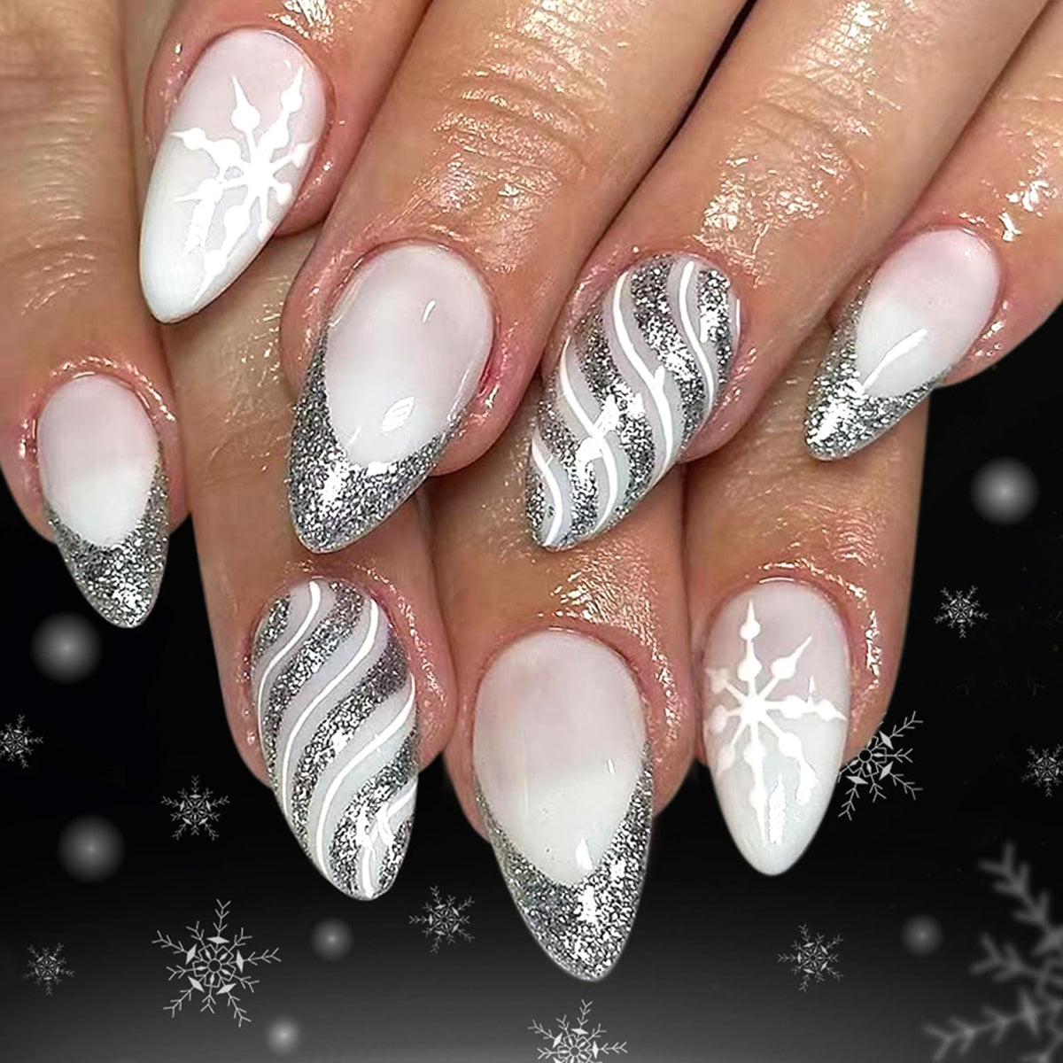 Christmas Silver Glitter Press-On Nails Set – Medium Almond, Snowflake French Tip