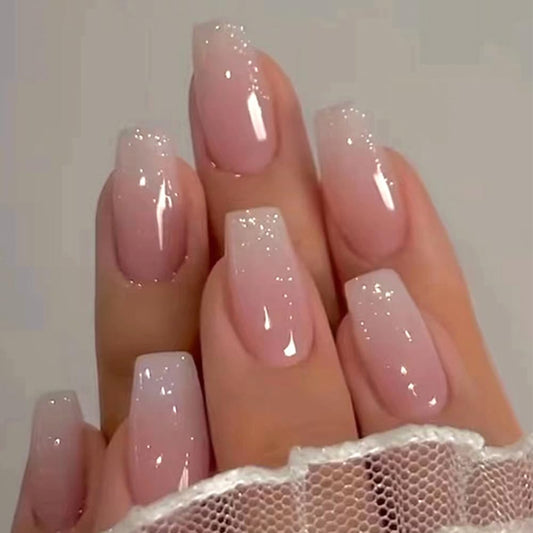 Coffin Press-On Nails Set – 24 Pcs, Pink Ombre with Gloss Finish