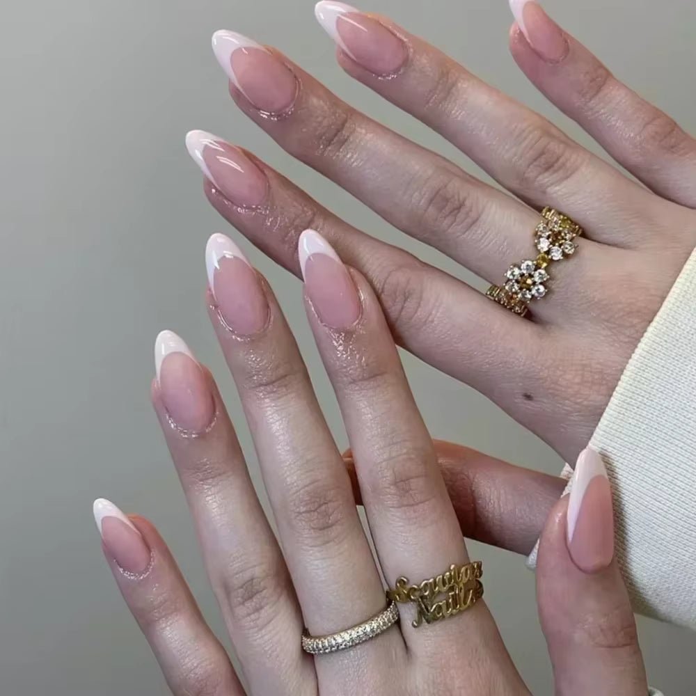 24Pcs Short Almond Press on Nails French Tips Press on Nails False Nails Simple Rose Full Cover Wearable Fake Nail Tips Art