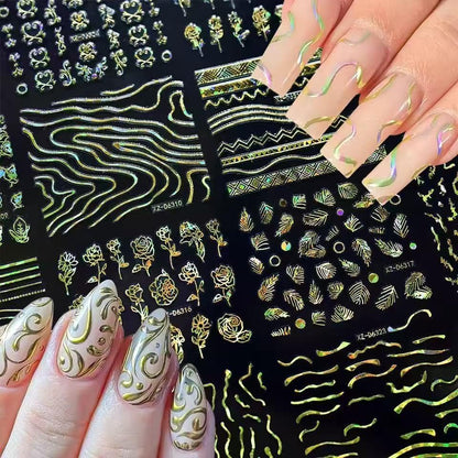 30 Sheets Gold Line Nail Art Stickers Gold Leaf Flower Nail Decals 3D Self-Adhesive Nail Art Supplies Charms for Nails Art Manicure Tips Decoration