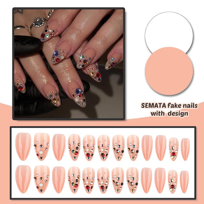 Almond Press-On Nails Set – 24 Pcs, Nude with Gem Accents