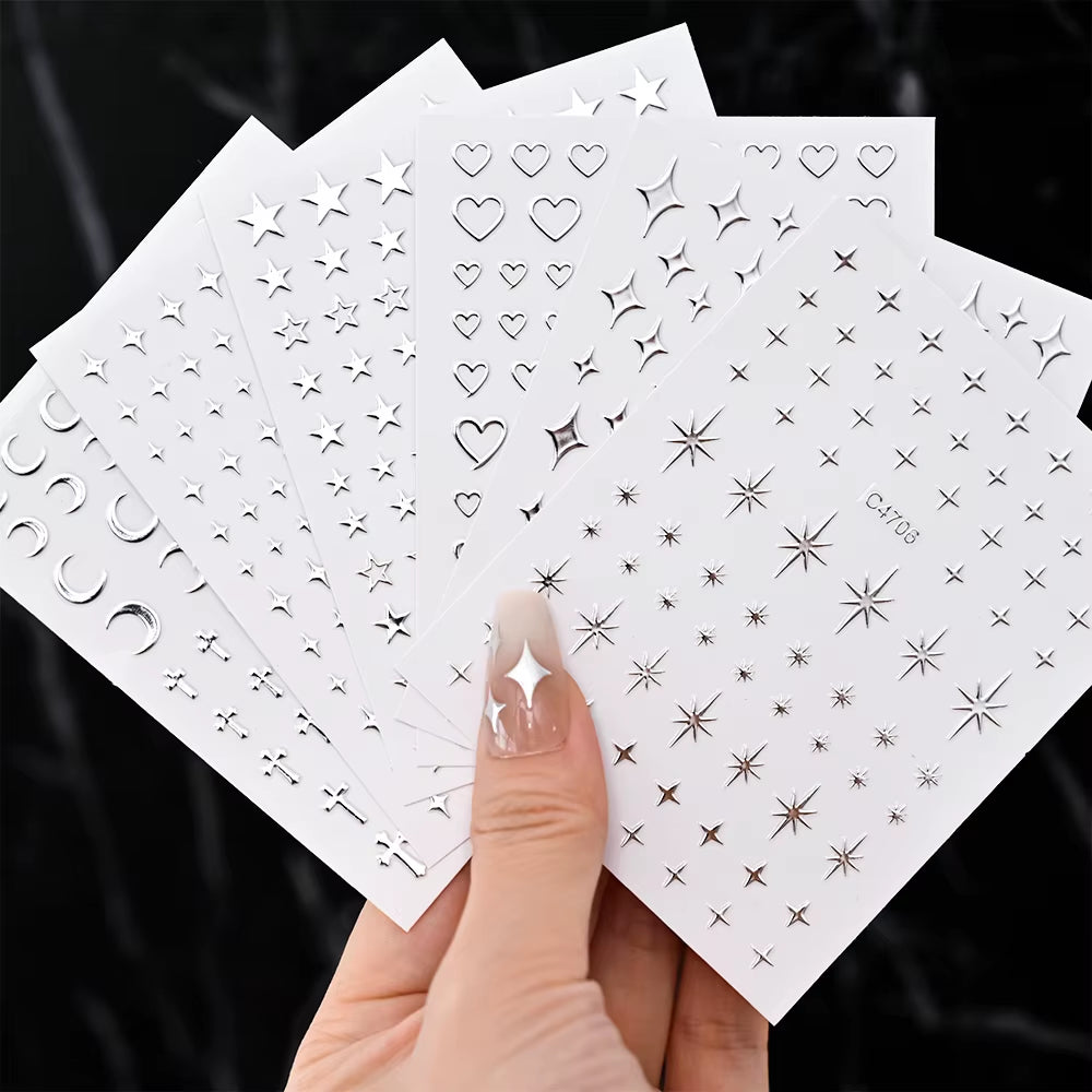 Metallic Silver Nail Stickers – 6 Sheets, Stars and Hearts