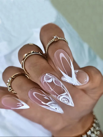 Stiletto Press-On Nails Set – 24 Pcs, Full Cover Designs