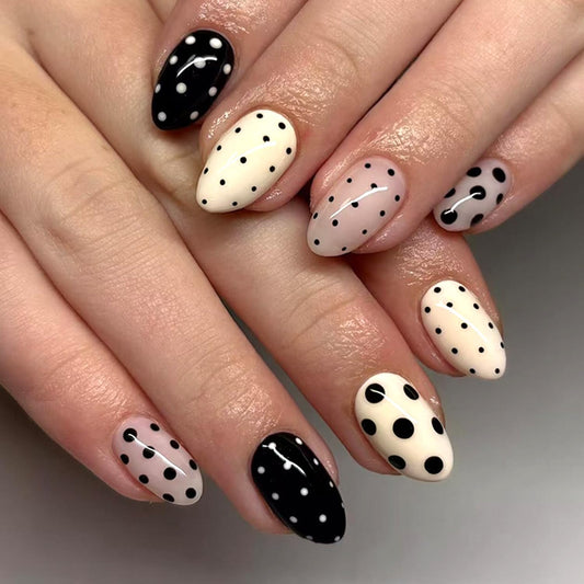 Polka Dot Press-On Nails Set – Short Almond, Black and White
