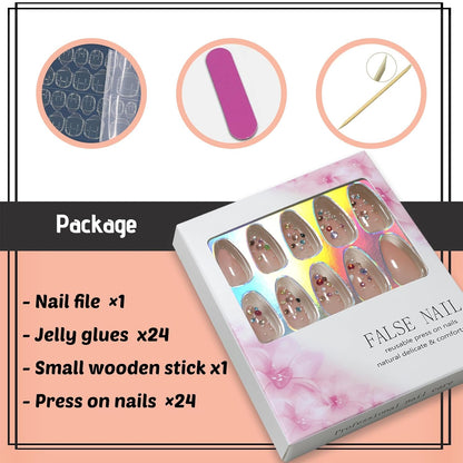 Almond Press-On Nails Set – 24 Pcs, Nude with Gem Accents