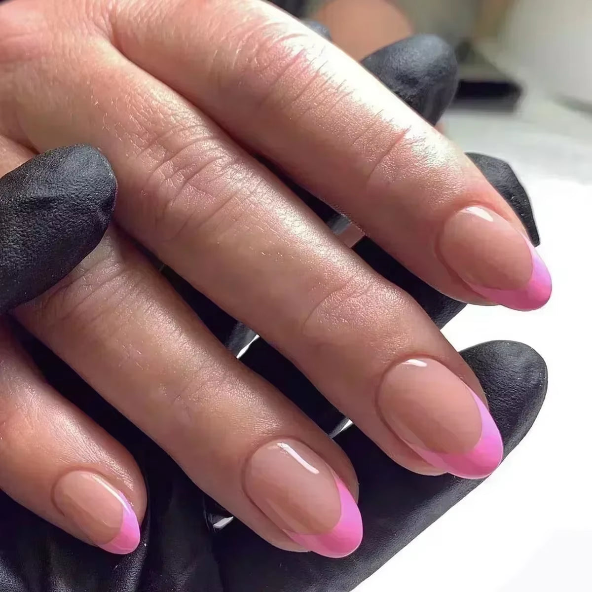 24Pcs Short Almond Press on Nails French Tips Press on Nails False Nails Simple Rose Full Cover Wearable Fake Nail Tips Art