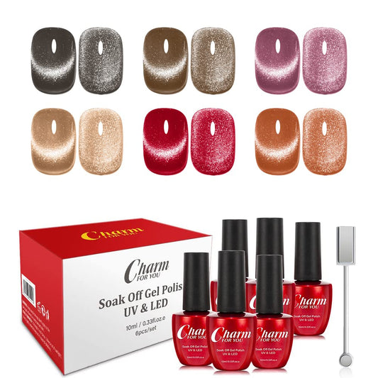Cat Eye Magnetic Gel Nail Polish Set – 6 Colors with Magnetic Stick
