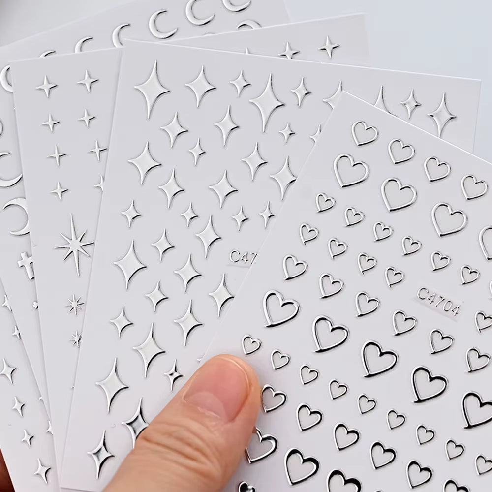 Metallic Silver Nail Stickers – 6 Sheets, Stars and Hearts