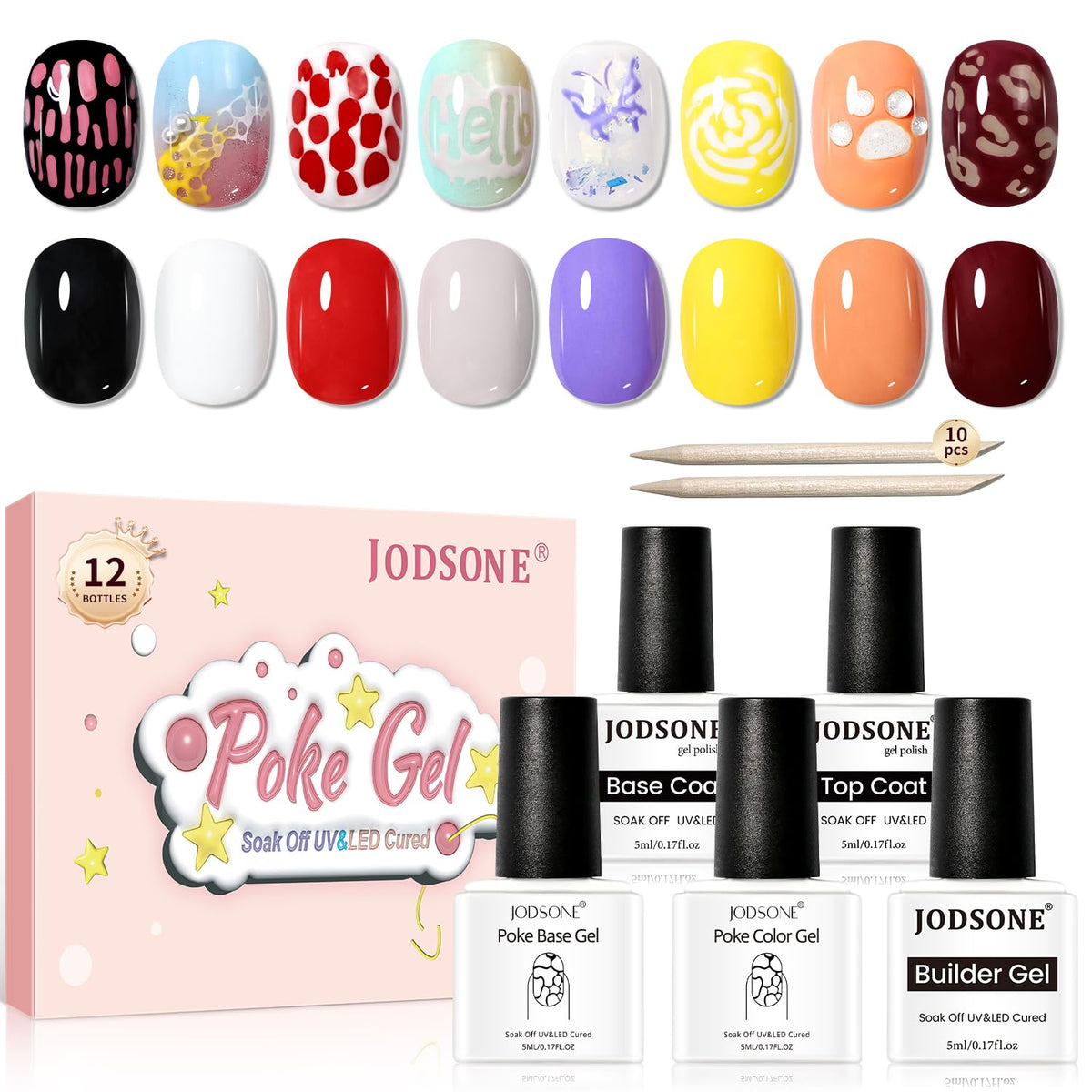 Poke Gel Nail Polish Set 8 Colors with Base Coat and Top Coat