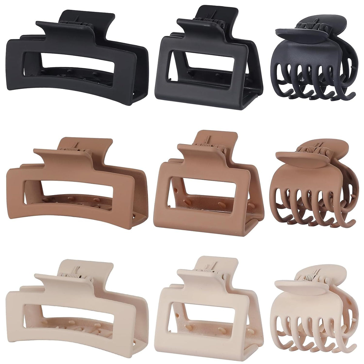 Matte Claw Hair Clips – 9 Pcs, 3 Styles, Brown Neutrals
