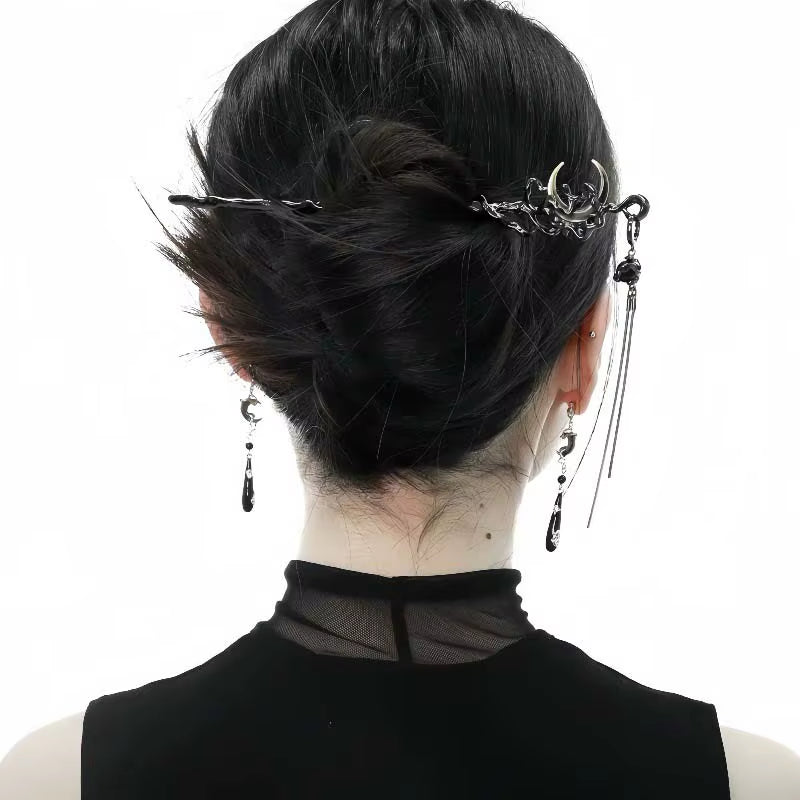 Fashion Black Crystal Moon Tassel Hair Stick for Women Girl Retro Metal Flower Hanfu Hair Stick Hairpin Hair Accessories
