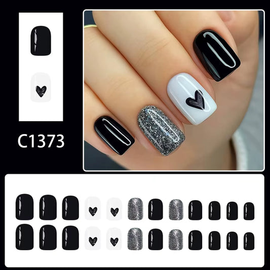 24-Piece Black Heart Glitter Press-On Nails – Short Square Reusable Fake Nail Set