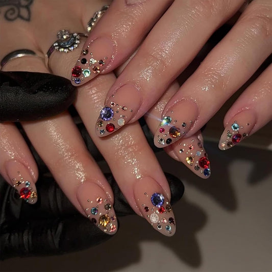 Almond Press-On Nails Set – 24 Pcs, Nude with Gem Accents