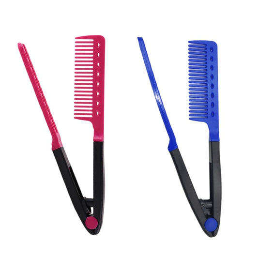 2-Pack Hair Straightening Comb Set, Flat Iron Comb, Grip Comb for Flat Iron (Rose Red, Blue)