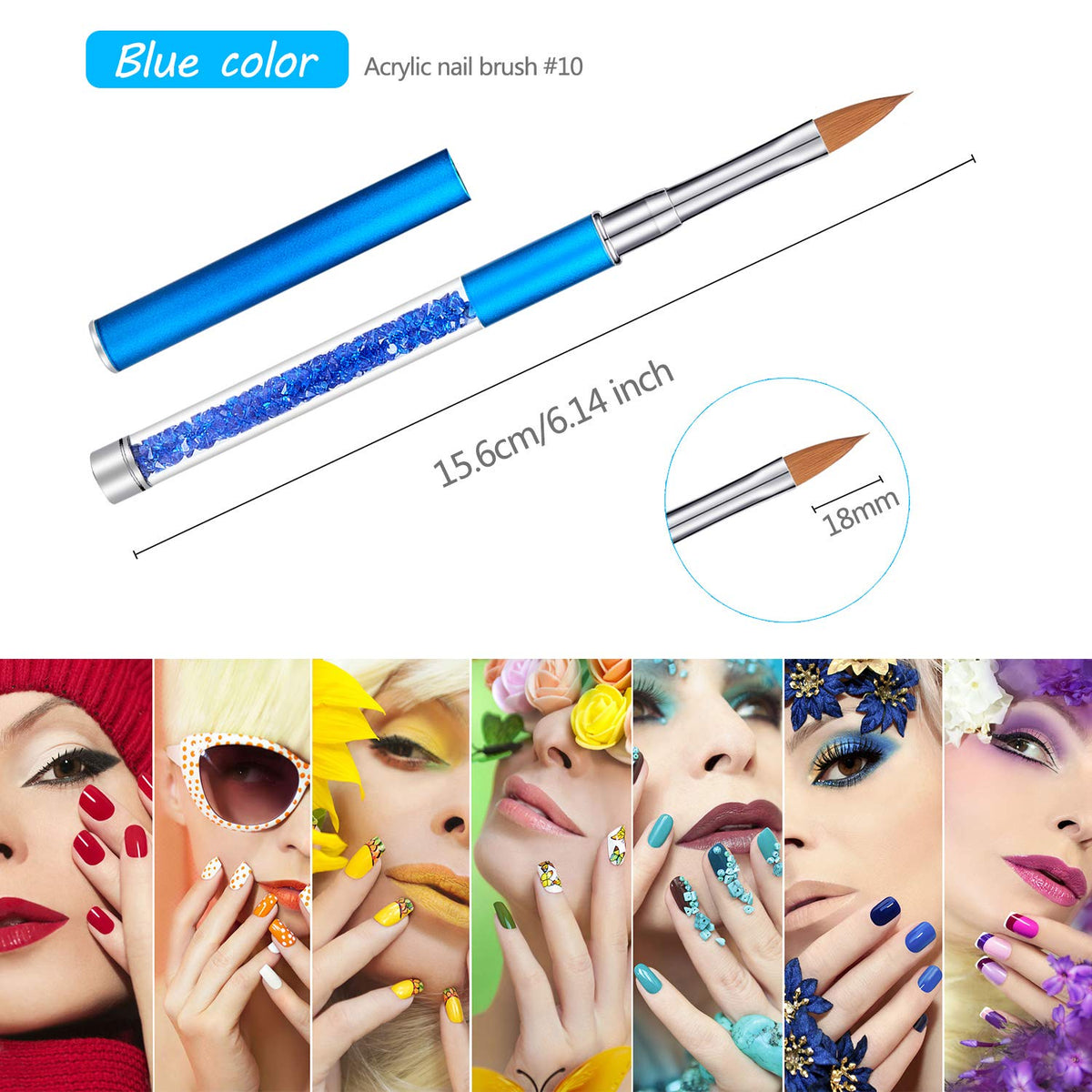 Acrylic Nail Art Brush Set – 5 Pieces, Sizes 4, 6, 8, 10 and 12, Crystal Handles