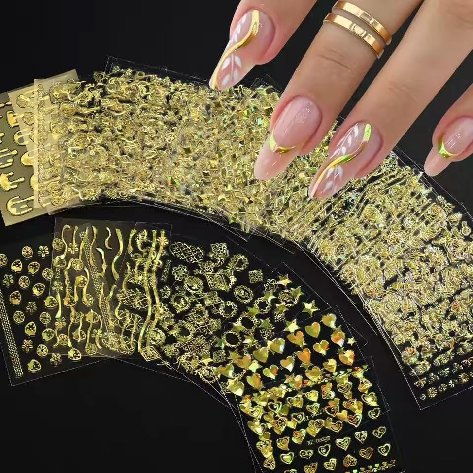 30 Sheets Gold Line Nail Art Stickers Gold Leaf Flower Nail Decals 3D Self-Adhesive Nail Art Supplies Charms for Nails Art Manicure Tips Decoration