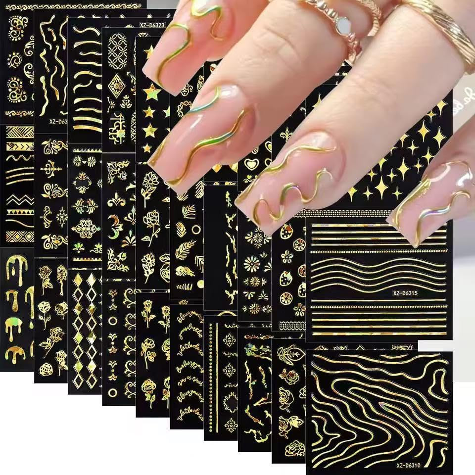 30 Sheets Gold Line Nail Art Stickers Gold Leaf Flower Nail Decals 3D Self-Adhesive Nail Art Supplies Charms for Nails Art Manicure Tips Decoration