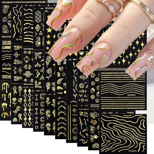 30 Sheets Gold Line Nail Art Stickers Gold Leaf Flower Nail Decals 3D Self-Adhesive Nail Art Supplies Charms for Nails Art Manicure Tips Decoration