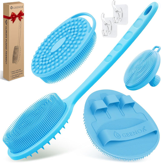 Silicone Body and Face Scrubber Set – 4 Pieces, Back Brush and Bath Glove, Blue