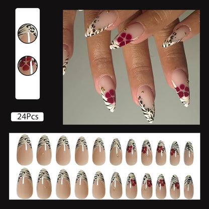 Almond Press-On Nails Set – 24 Pcs, Nude with Floral Tips