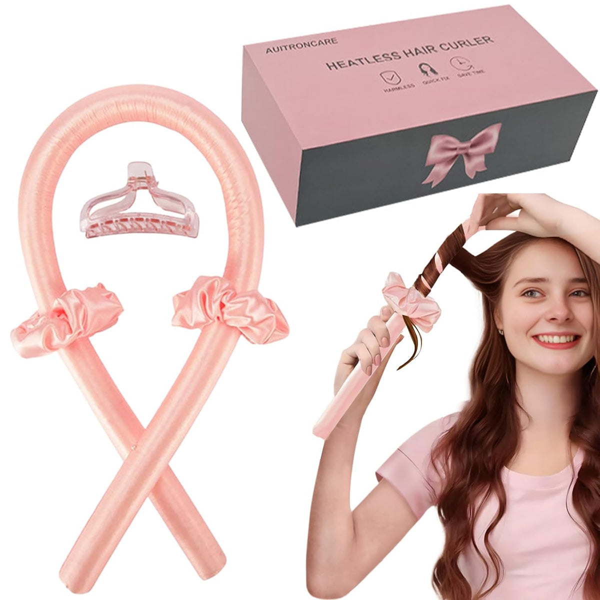 Heatless Curling Rod Headband – Pink Satin Overnight Curls Set with Hair Claw Clip