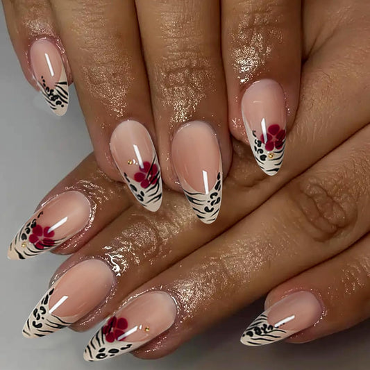 Almond Press-On Nails Set – 24 Pcs, Nude with Floral Tips