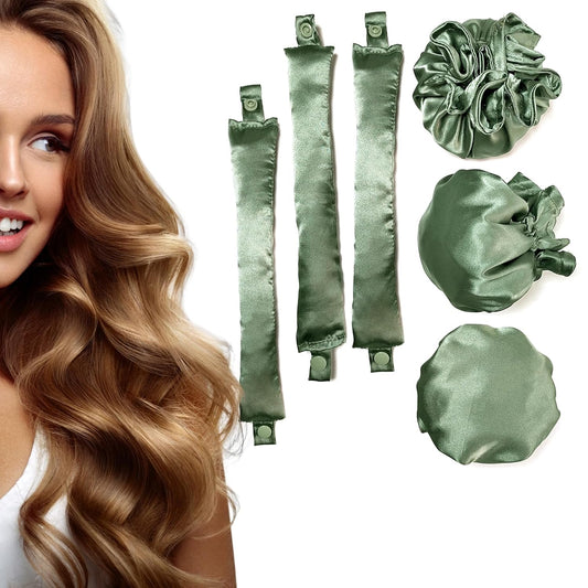 Satin Heatless Curlers Set – Olive Green Curling Rods with Hair Caps and Scrunchies
